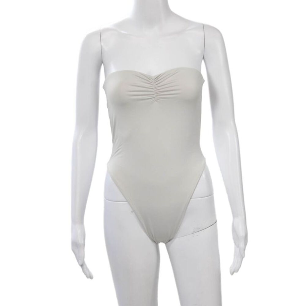 Designer Women One Piece Swimsuit Beige Nylon Solid Beach Size M